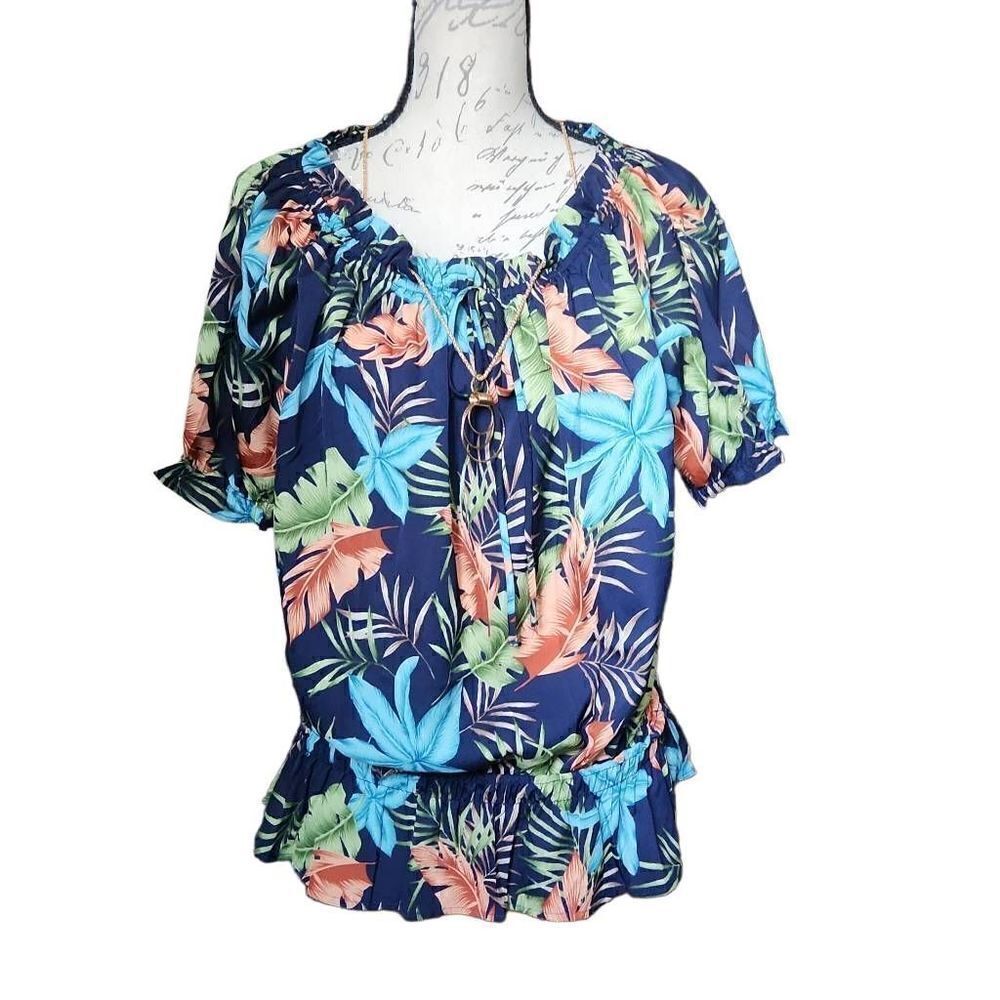 Changes Ladies Size Large Blue Coral Tropical Print Blouse with Necklace
